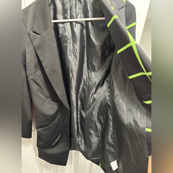 Womens Double Crazy Blazer Jacket Square Pattern Waist Fitted Black/Green Sz S - Picture 4 of 8